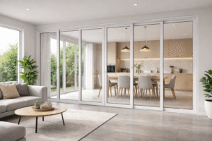 Jendela partisi UPVC modern dengan kaca bening sebagai pembatas ruangan minimalis terlihat rapi dan elegan dari dalam ruangan