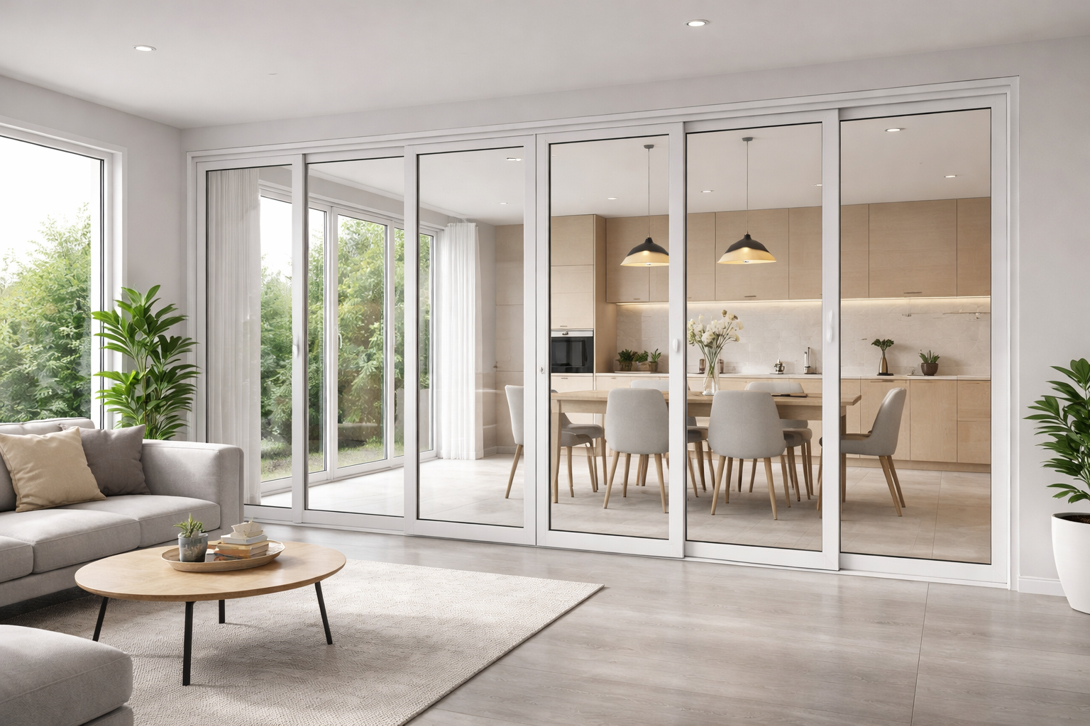 Jendela partisi UPVC modern dengan kaca bening sebagai pembatas ruangan minimalis terlihat rapi dan elegan dari dalam ruangan