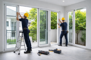 Pemasangan kusen uPVC profesional pada jendela dan pintu rumah modern dengan hasil rapi dan presisi