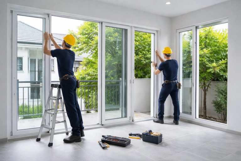 Pemasangan kusen uPVC profesional pada jendela dan pintu rumah modern dengan hasil rapi dan presisi