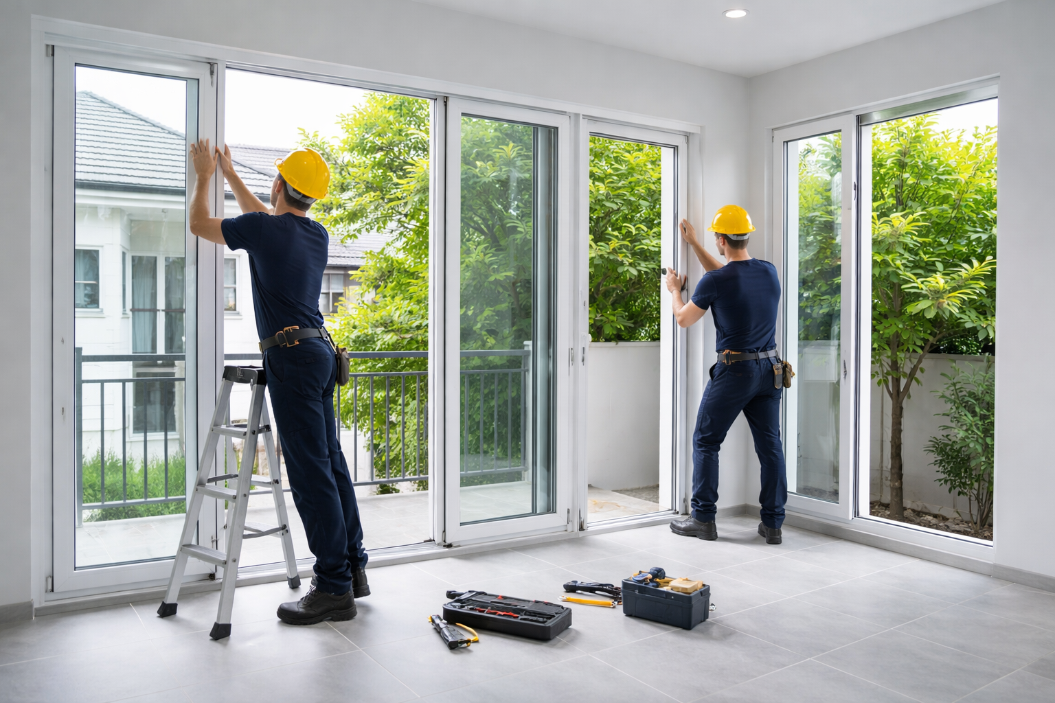 Pemasangan kusen uPVC profesional pada jendela dan pintu rumah modern dengan hasil rapi dan presisi