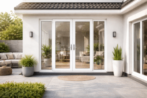 Pintu UPVC modern berdesain minimalis dengan warna cerah, tampilan rapi, dan struktur kokoh pada rumah modern.