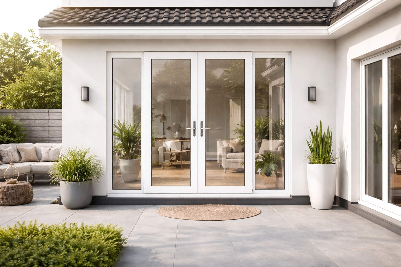 Pintu UPVC modern berdesain minimalis dengan warna cerah, tampilan rapi, dan struktur kokoh pada rumah modern.