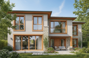 Tampilan jendela UPVC motif serat kayu warna cokelat oak yang terpasang pada dinding rumah minimalis modern.