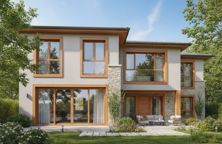 Tampilan jendela UPVC motif serat kayu warna cokelat oak yang terpasang pada dinding rumah minimalis modern.