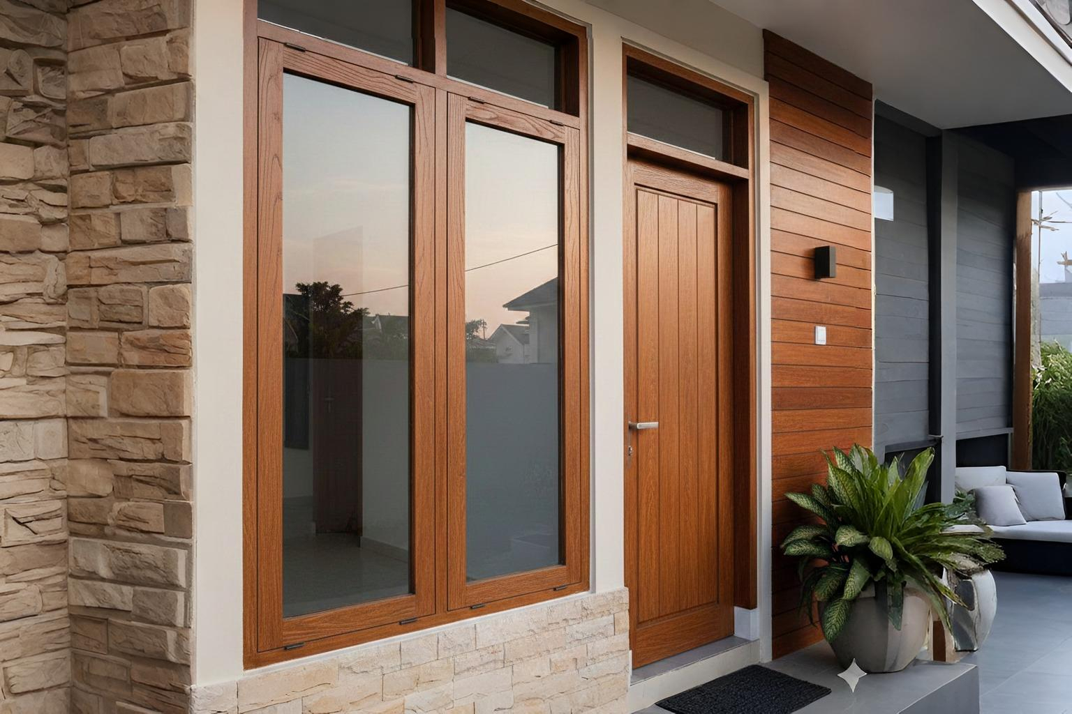 Profil jendela UPVC dengan tekstur serat kayu jati yang sangat detail dan alami.