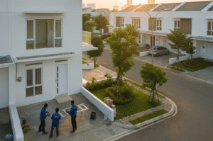 Teknisi sedang melakukan proses pasang kusen pintu UPVC di Jaksel dengan presisi tinggi menggunakan waterpass.