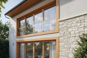 Pemasangan kusen UPVC serat kayu warna cokelat oak yang mewah pada jendela ruang tamu minimalis.