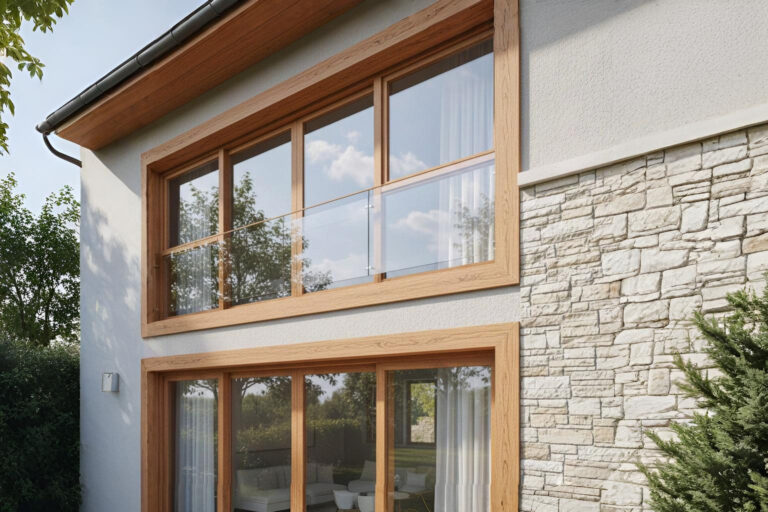 Pemasangan kusen UPVC serat kayu warna cokelat oak yang mewah pada jendela ruang tamu minimalis.