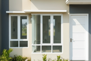 Model pintu UPVC Alexindo warna putih minimalis untuk ruang tamu.