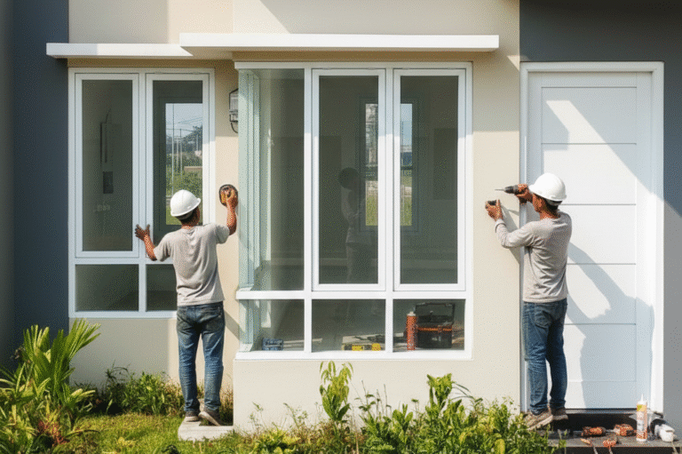 Pemasangan kusen aluminium motif serat kayu merk Alexindo pada jendela rumah minimalis di daerah Cibitung Bekasi.