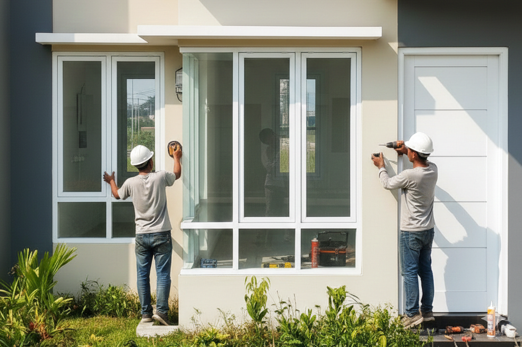 Pemasangan kusen aluminium motif serat kayu merk Alexindo pada jendela rumah minimalis di daerah Cibitung Bekasi.