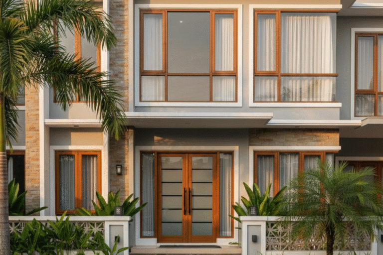 Keindahan detail tekstur Jendela UPVC Serat Kayu di Jakarta Timur untuk rumah minimalis modern.