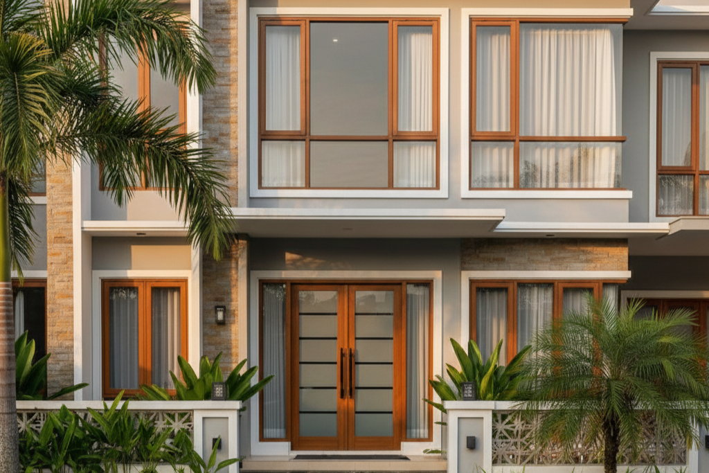 Keindahan detail tekstur Jendela UPVC Serat Kayu di Jakarta Timur untuk rumah minimalis modern.