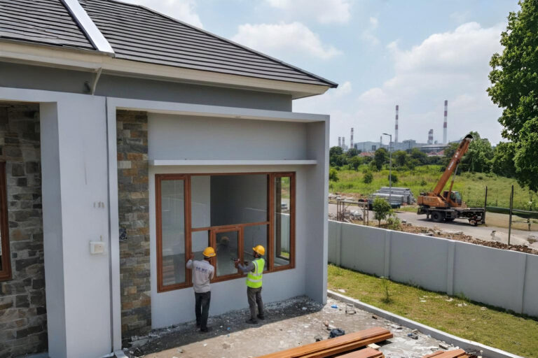 Pemasangan kusen aluminium Alexindo motif serat kayu minimalis untuk perumahan di wilayah Cikarang Bekasi.