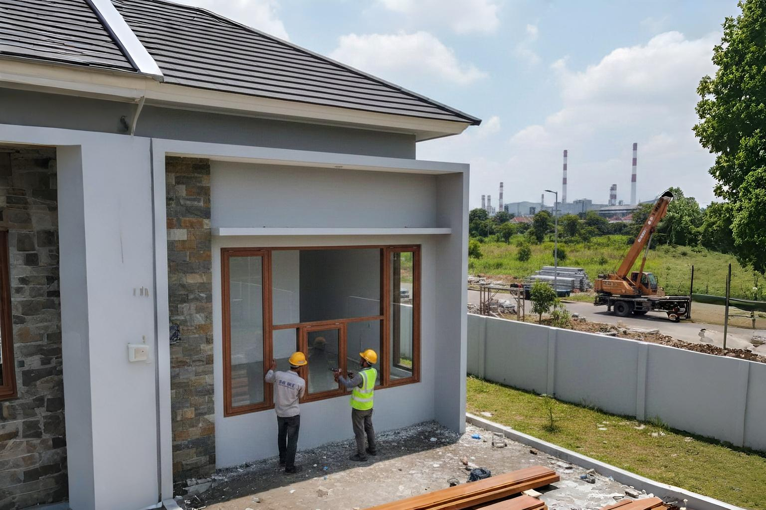 Pemasangan kusen aluminium Alexindo motif serat kayu minimalis untuk perumahan di wilayah Cikarang Bekasi.