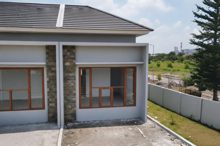 Model jendela UPVC motif serat kayu warna coklat tua yang elegan untuk ruang tamu minimalis.