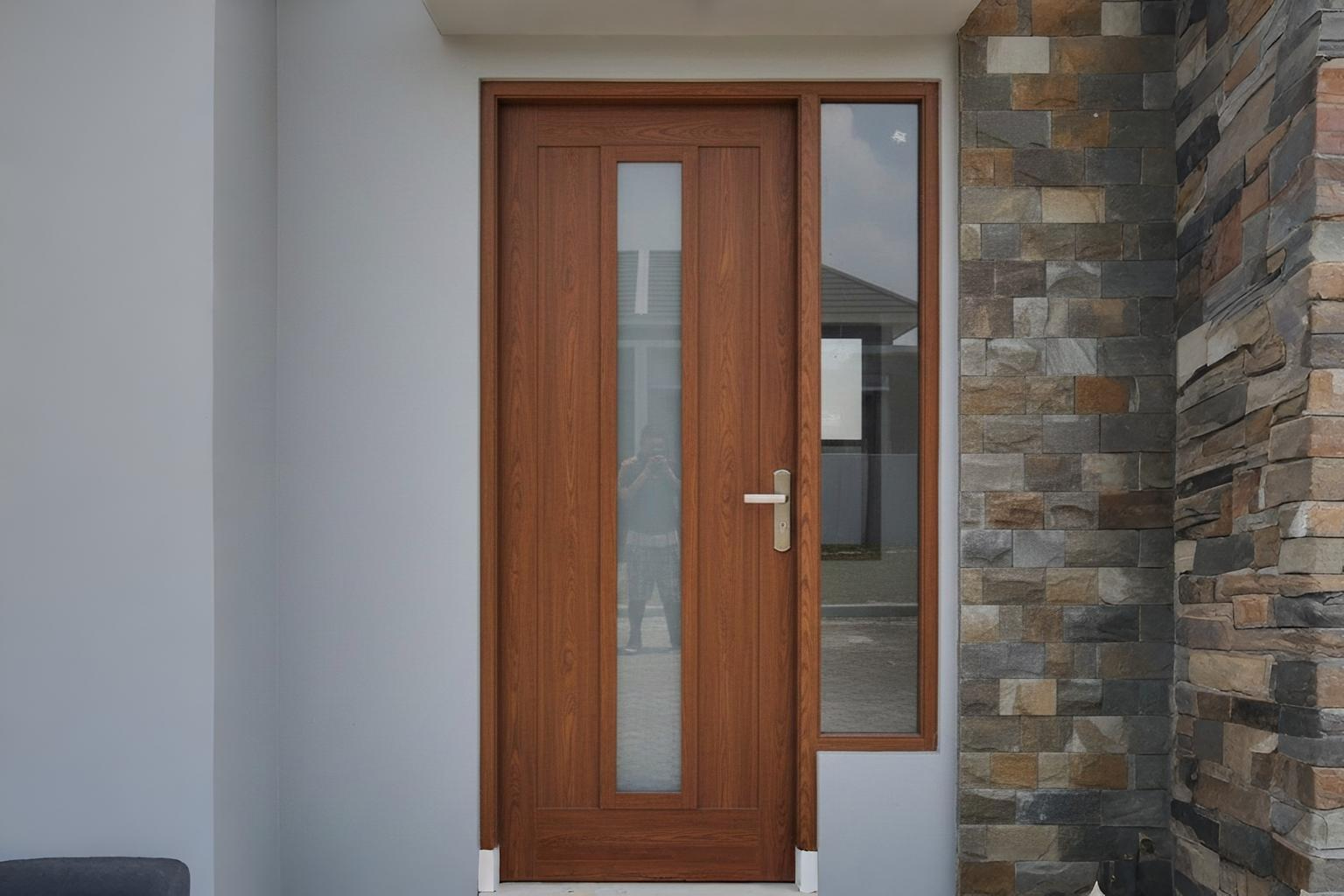Desain pintu UPVC motif kayu minimalis untuk pintu utama rumah di Cibitung.