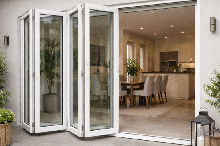 Model pintu lipat UPVC putih modern terpasang rapi di area teras rumah minimalis kawasan Tambun Bekasi.