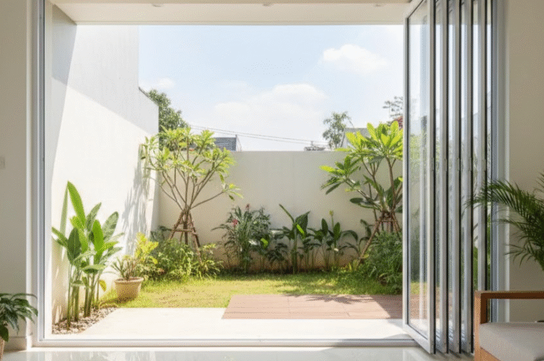 Pintu lipat UPVC warna putih terpasang di rumah Kramat Jati.