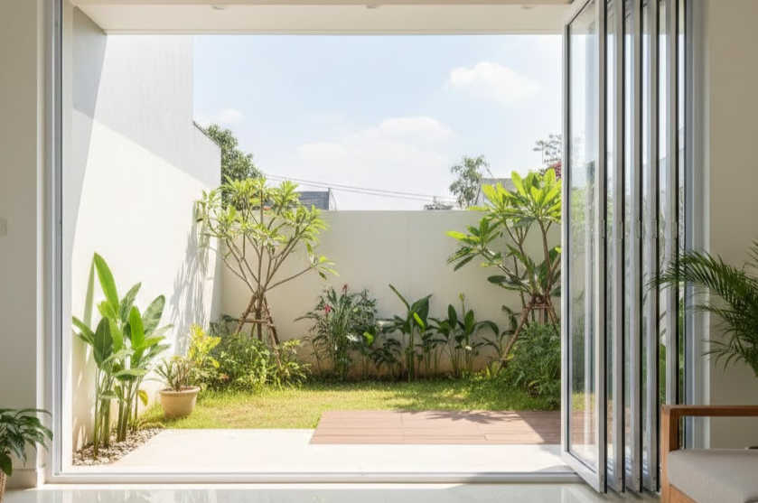 Pintu lipat UPVC warna putih terpasang di rumah Kramat Jati.