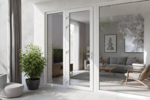 Pintu UPVC minimalis modern warna putih terpasang pada rumah mewah di kawasan Kebayoran Baru Jakarta Selatan.