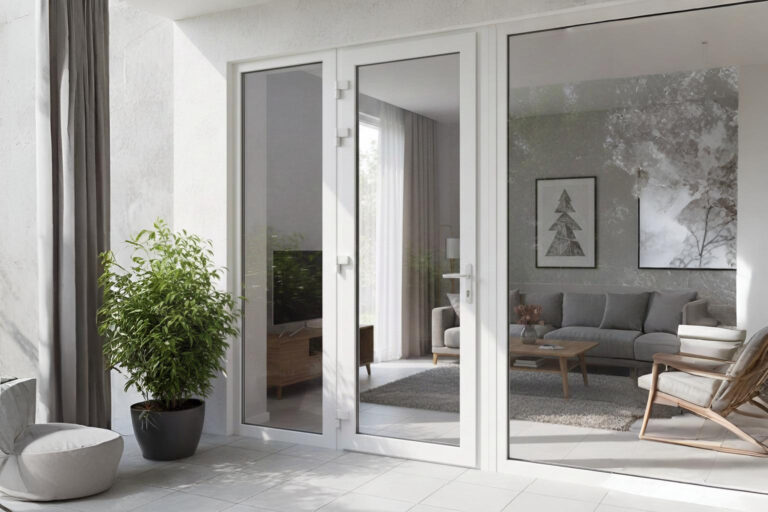 Pintu UPVC minimalis modern warna putih terpasang pada rumah mewah di kawasan Kebayoran Baru Jakarta Selatan.