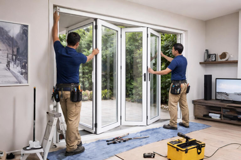 Pintu lipat UPVC minimalis warna putih terpasang di rumah Jakarta Selatan.