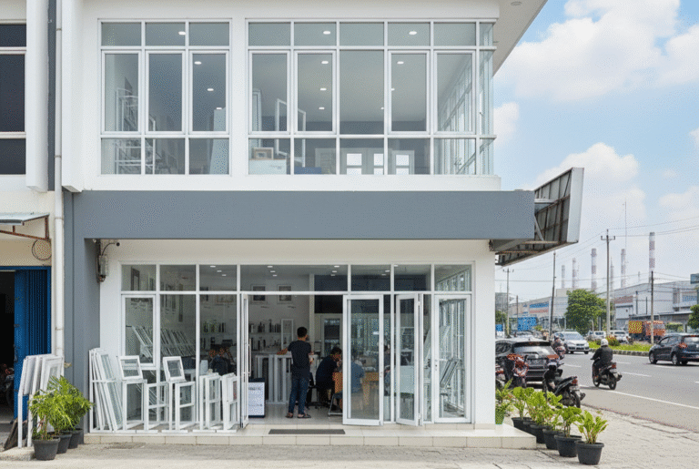 Toko fisik UPVC di Cikarang menampilkan berbagai model kusen pintu dan jendela modern dengan kualitas premium.