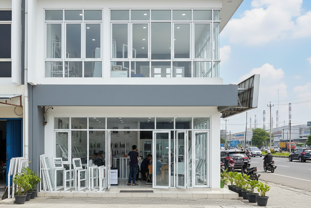 Toko fisik UPVC di Cikarang menampilkan berbagai model kusen pintu dan jendela modern dengan kualitas premium.