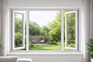 Kusen jendela UPVC murah terpasang rapi pada rumah modern dengan pencahayaan alami dan desain minimalis