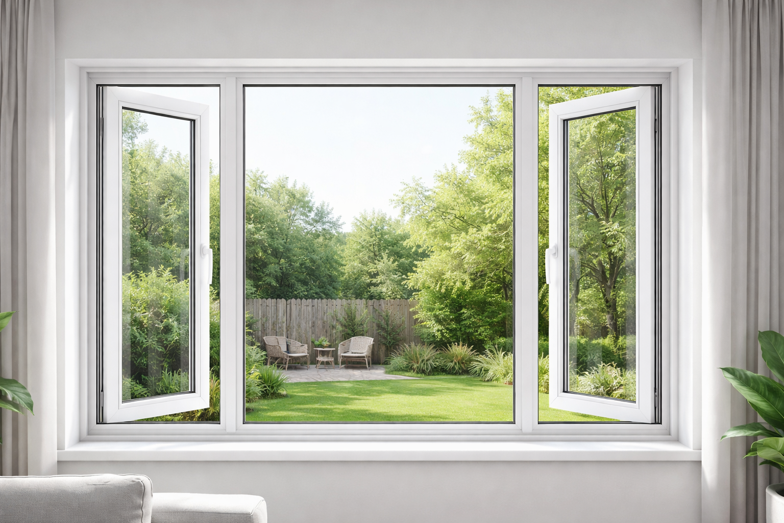 Kusen jendela UPVC murah terpasang rapi pada rumah modern dengan pencahayaan alami dan desain minimalis