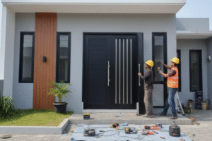 Pemasangan pintu UPVC Alexindo warna putih dengan sistem penguncian ganda di perumahan minimalis kawasan Cikarang.