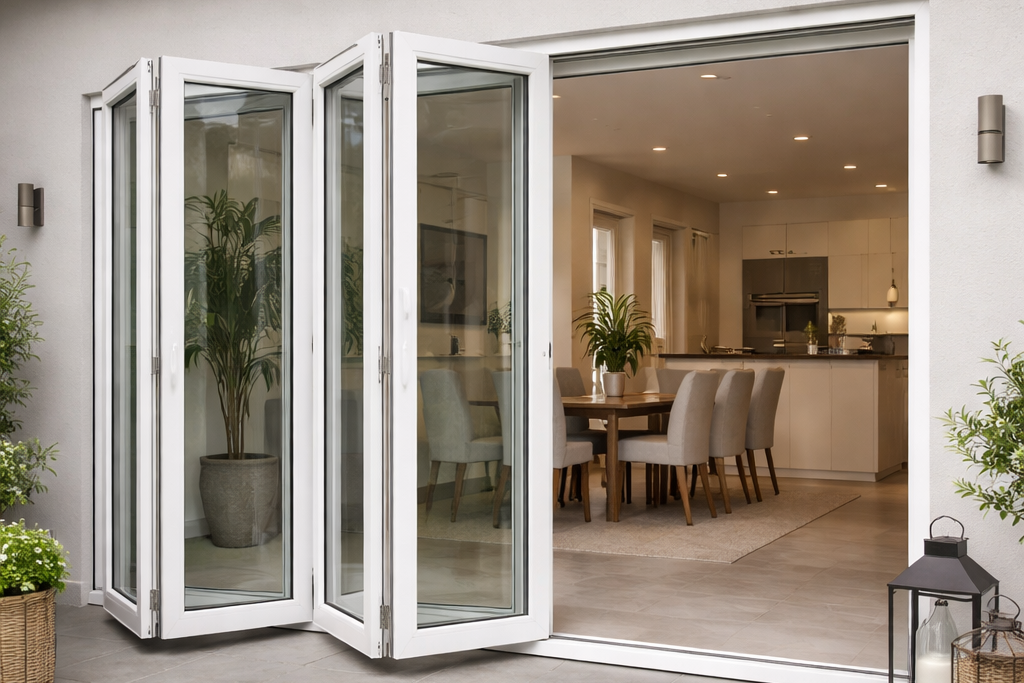 Pemasangan kusen pintu lipat UPVC pada bangunan modern dengan bukaan lebar, tampilan rapi, dan desain minimalis.