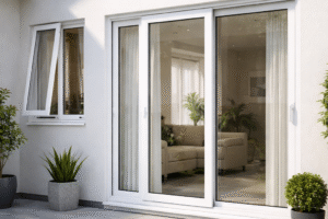 Tampilan kusen pintu geser UPVC modern dengan kaca lebar pada rumah minimalis yang terlihat rapi dan elegan.