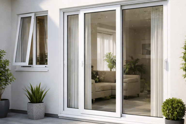 Tampilan kusen pintu geser UPVC modern dengan kaca lebar pada rumah minimalis yang terlihat rapi dan elegan.