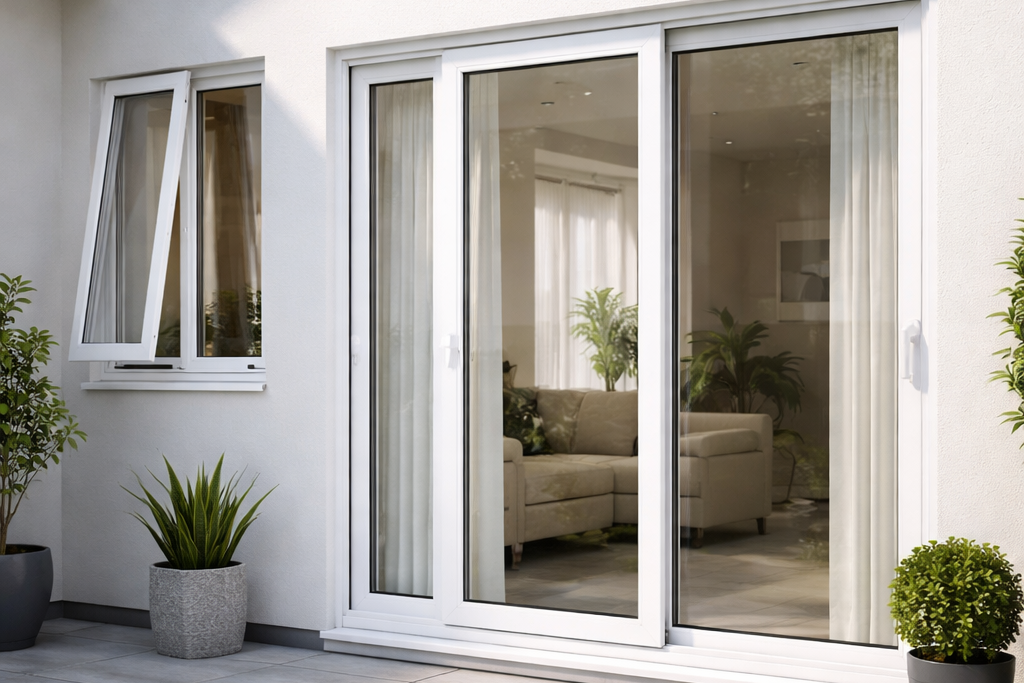 Tampilan kusen pintu geser UPVC modern dengan kaca lebar pada rumah minimalis yang terlihat rapi dan elegan.