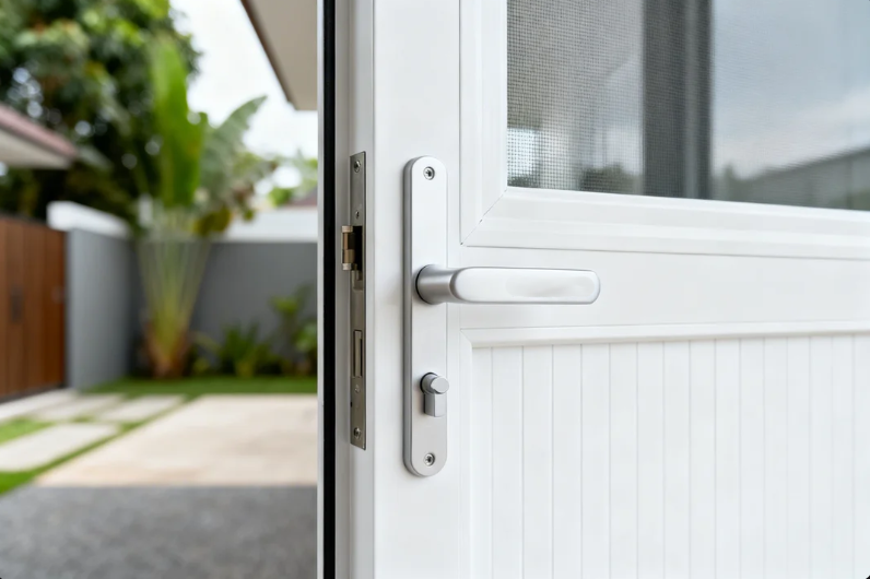 Pintu UPVC Alexindo minimalis warna putih terpasang di rumah kawasan Cibitung dengan hasil pengerjaan rapi dan kuat.