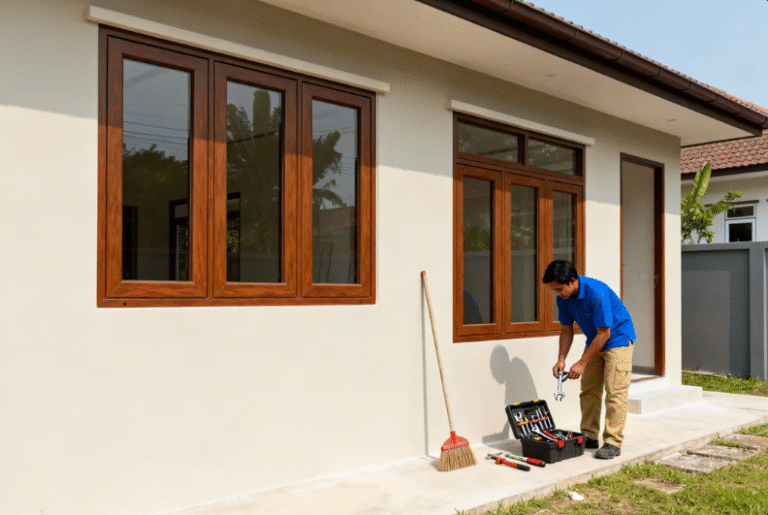 Pemasangan jendela UPVC motif serat kayu warna cokelat jati yang elegan pada rumah minimalis di wilayah Bekasi.