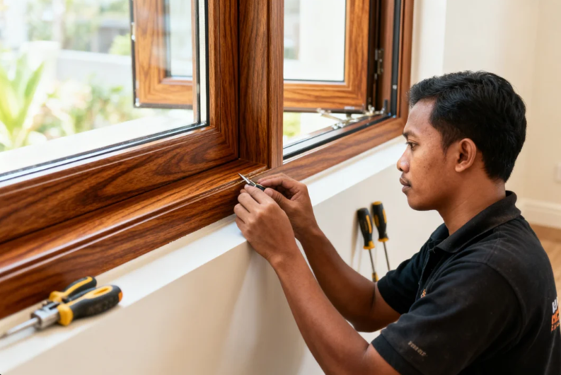 Jendela UPVC motif serat kayu warna cokelat tua terpasang di rumah minimalis Jakarta Timur.