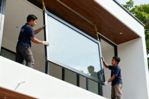 Pemasangan jendela UPVC Alexindo model geser pada rumah minimalis di kawasan Cilandak Jakarta Selatan oleh teknisi profesional.