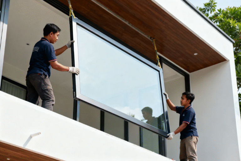 Pemasangan jendela UPVC Alexindo model geser pada rumah minimalis di kawasan Cilandak Jakarta Selatan oleh teknisi profesional.