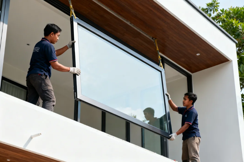 Pemasangan jendela UPVC Alexindo model geser pada rumah minimalis di kawasan Cilandak Jakarta Selatan oleh teknisi profesional.