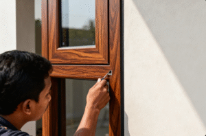 Pemasangan jendela UPVC kedap suara untuk rumah minimalis di kawasan Jakarta Selatan.