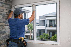 Proses Pemasangan kusen jendela UPVC minimalis oleh tukang profesional di sebuah rumah modern di area Bekasi.