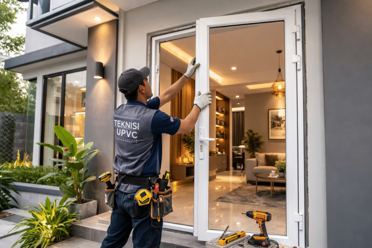 Pemasangan kusen jendela UPVC putih minimalis di area Cilandak Jakarta Selatan.