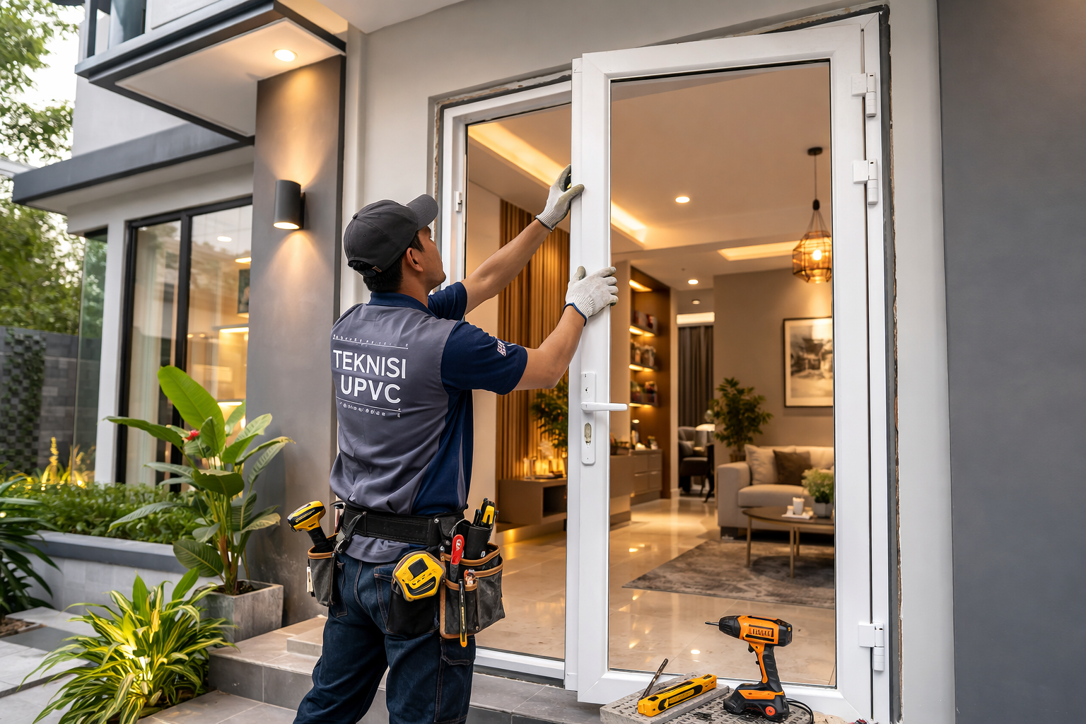 Pemasangan kusen jendela UPVC putih minimalis di area Cilandak Jakarta Selatan.