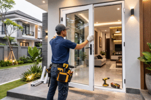 Pemasangan jendela sliding UPVC di rumah kawasan Cilandak Jakarta Selatan.