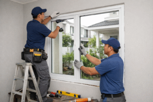 Pemasangan jendela UPVC minimalis warna putih oleh pekerja profesional di sebuah rumah di area Cikarang.